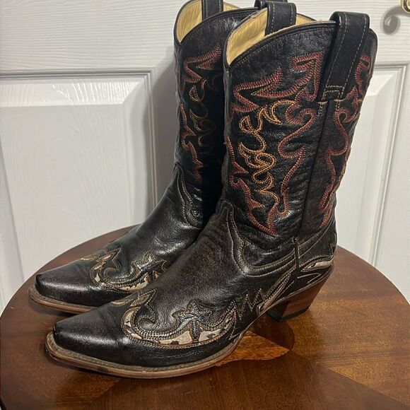 🔥🔥 CORRAL Brown Leather Inlay Overlay Cowboy Boots Womens Sz 9.5M Snip Toe EUC - Picture 1 of 12
